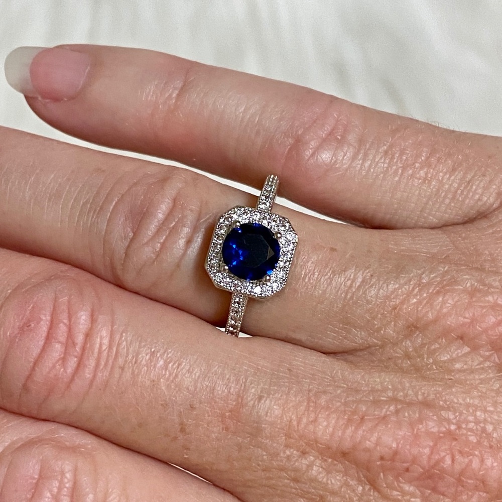 925 Sterling Silver Blue CZ Diamond Halo Ring - Picture 10 of 14